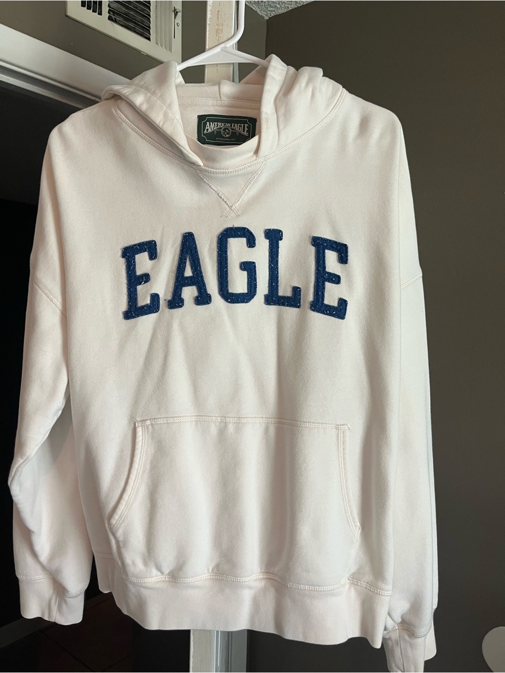 American Eagle Outfitters White Hoodie with Navy 'EAGLE' Applique